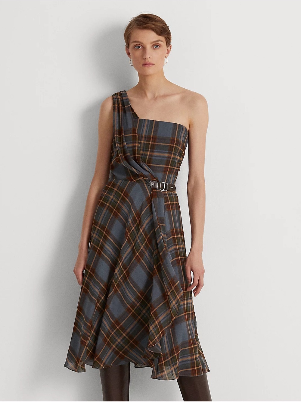 Ralph Lauren Plaid Crinkle Georgette One shoulder Dress with adjustable waist